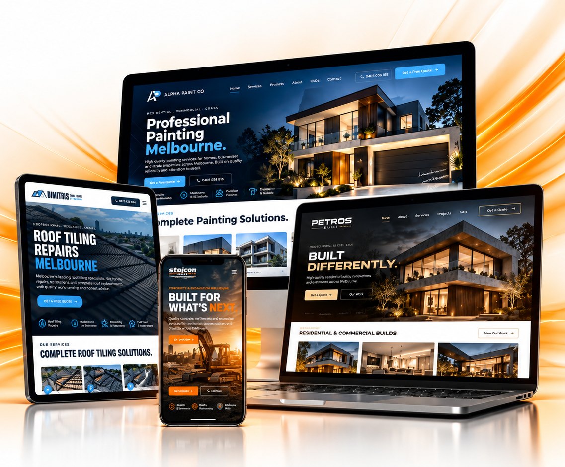Websites designed by Comclick shown on desktop, laptop, tablet and phone